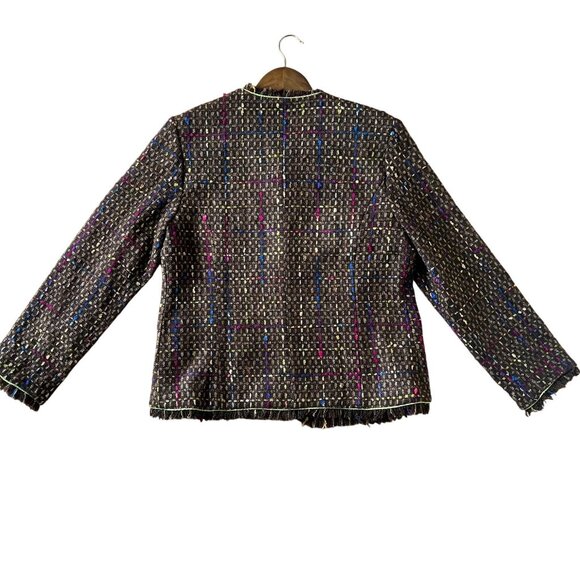 Patti and Leo Womens Jacket Sz M Checked Brown Multi-Color Fringed for Two Bits - Picture 10 of 10